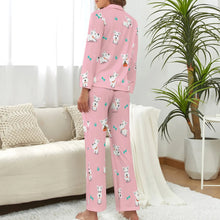 Load image into Gallery viewer, image of a woman wearing a pink pajamas set for women with paws design - west highland terrier pajamas set for women - back view