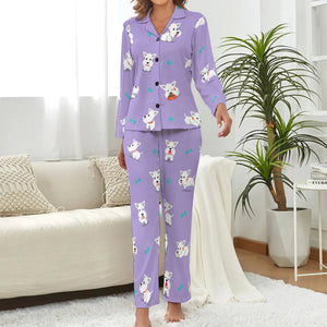 image of a woman wearing a lavender pajamas set for women with paws design - west highland terrier pajamas set for women