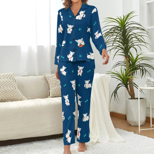 image of west highland terrier pajamas set for women - dark blue