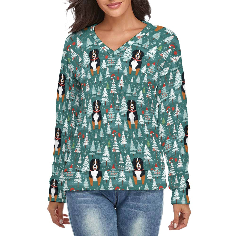 Jolly Giants Bernese Mountain Dog Women's V-Neck Christmas Sweater-Apparel-Apparel,Bernese Mountain Dog,Christmas,Dog Mom Gifts,Sweater,Sweatshirt-S-White14-1