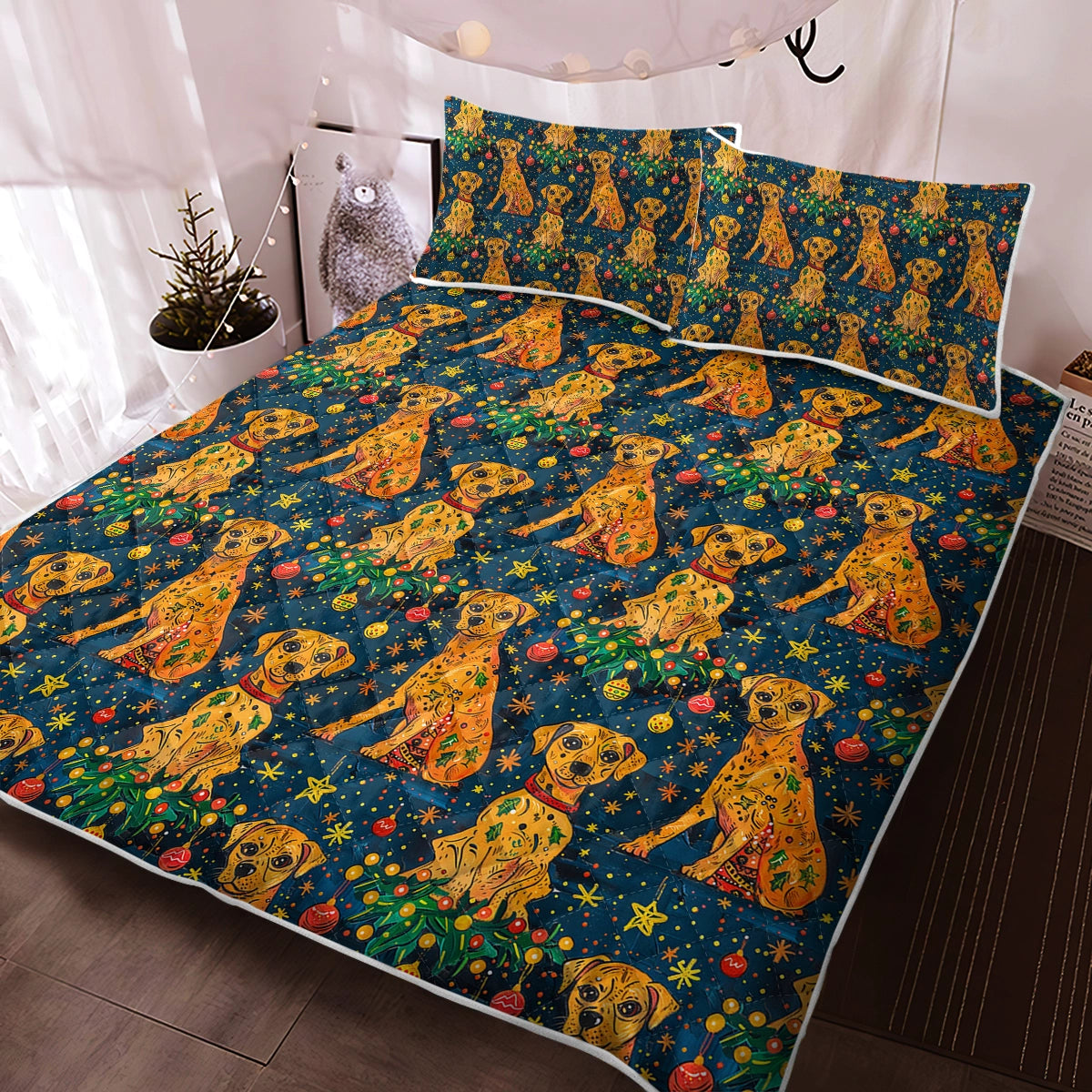 Jolly Holiday Pit Bull Christmas Quilt Blanket Bedding Set