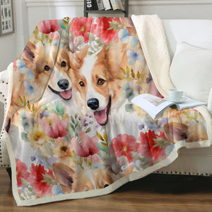 Joyful Corgis and Vivid Blooms Soft Warm Fleece Blanket-Blanket-Blankets, Corgi, Home Decor-11