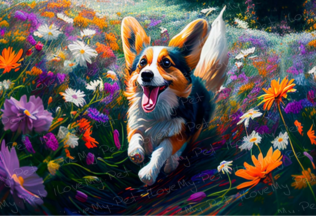 Joyful Floral Corgi Frolic Wall Art Poster-Art-Corgi, Dog Art, Home Decor, Poster-Light Canvas-Tiny - 8x10