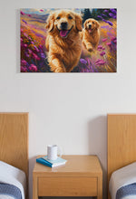 Load image into Gallery viewer, Painting of two golden dogs running in a field of flowers above a wooden nightstand with a mug and books.