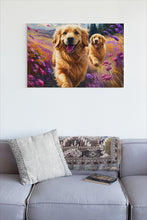 Load image into Gallery viewer, Two golden retrievers in a field of flowers on a wall above a sofa with decorative pillows and a blanket.