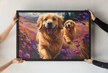 Load image into Gallery viewer, Framed artwork of two golden dogs in a field with flowers held by two people.