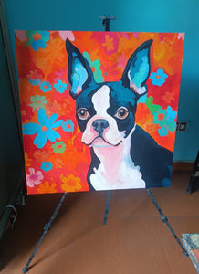 Joyful Reverie Boston Terrier Amidst Floral Splendor Oil Painting-Art-Boston Terrier, Dog Art, Home Decor, Painting-30" x 30" inches-2