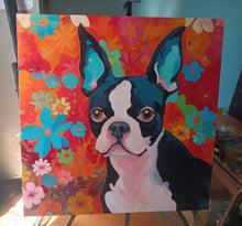 Load image into Gallery viewer, Joyful Reverie Boston Terrier Amidst Floral Splendor Oil Painting-Art-Boston Terrier, Dog Art, Home Decor, Painting-30&quot; x 30&quot; inches-3