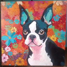 Load image into Gallery viewer, Joyful Reverie Boston Terrier Amidst Floral Splendor Oil Painting-Art-Boston Terrier, Dog Art, Home Decor, Painting-30&quot; x 30&quot; inches-1