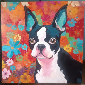 Joyful Reverie Boston Terrier Amidst Floral Splendor Oil Painting-Art-Boston Terrier, Dog Art, Home Decor, Painting-30" x 30" inches-1