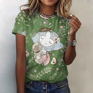 Just a Girl Who Loves Pugs All Over Print Women's Cotton T-Shirt -4 Colors-Apparel-Apparel, Pug, Shirt, T Shirt-2XS-DarkOliveGreen-7