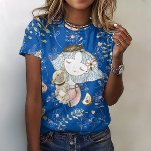 Just a Girl Who Loves Pugs All Over Print Women's Cotton T-Shirt -4 Colors-Apparel-Apparel, Pug, Shirt, T Shirt-2XS-DarkSlateBlue-5