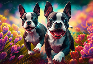 Kaleidoscopic Garden Boston Terriers Wall Art Poster-Art-Boston Terrier, Dog Art, Home Decor, Poster-Light Canvas-Tiny - 8x10"-1