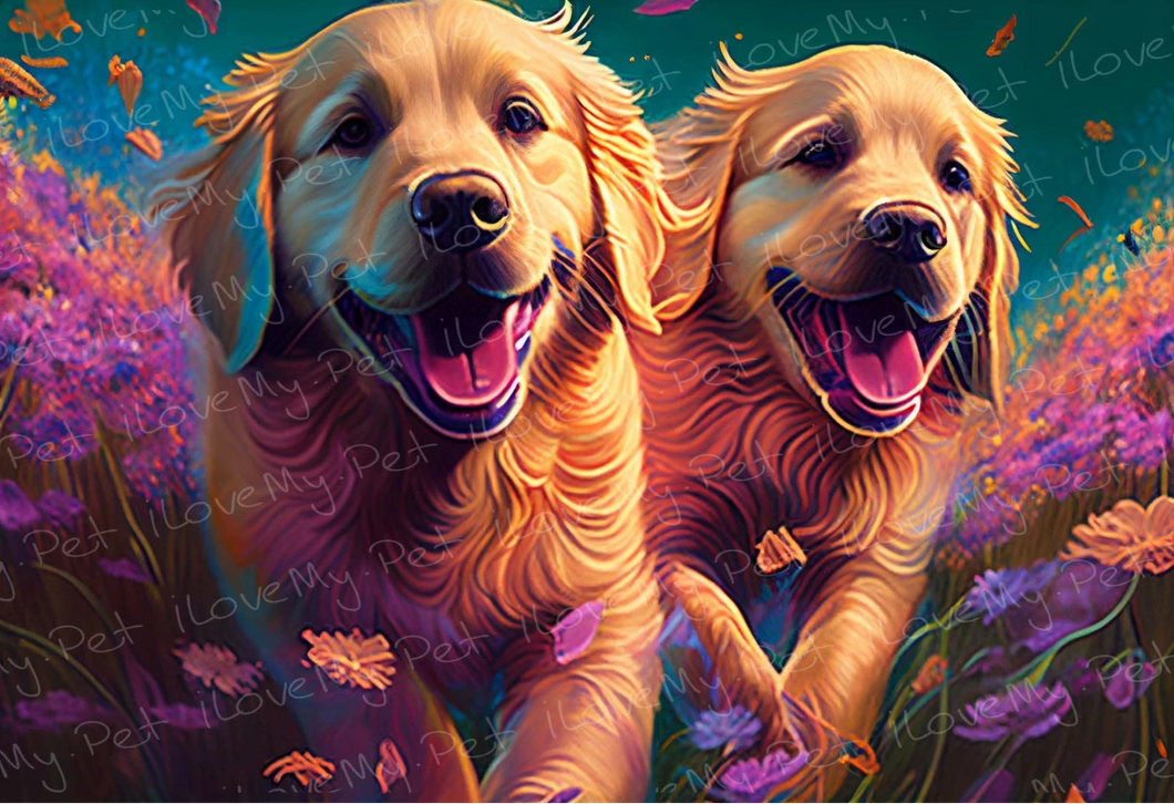 Kaleidoscopic Garden Golden Retrievers Wall Art Poster-Art-Dog Art, Golden Retriever, Home Decor, Poster-1