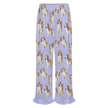 Load image into Gallery viewer, King Charles Spaniel Pajama Pants for Women - Ruffle Hem Design - Watercolor Delight Blenheim King Charles Spaniels-Pajamas-Apparel,Cavalier King Charles Spaniel,Dog Mom Gifts,Pajamas-13
