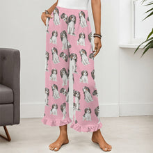 Load image into Gallery viewer, King Charles Spaniel Pajama Pants for Women - Ruffle Hem Design - Watercolor Symphony Tricolor King Charles Spaniels-Pajamas-Apparel,Cavalier King Charles Spaniel,Dog Mom Gifts,Pajamas-7
