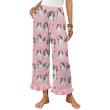 Load image into Gallery viewer, King Charles Spaniel Pajama Pants for Women - Ruffle Hem Design - Watercolor Symphony Tricolor King Charles Spaniels-Pajamas-Apparel,Cavalier King Charles Spaniel,Dog Mom Gifts,Pajamas-Pink-S-2