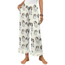 Load image into Gallery viewer, King Charles Spaniel Pajama Pants for Women - Ruffle Hem Design - Watercolor Symphony Tricolor King Charles Spaniels-Pajamas-Apparel,Cavalier King Charles Spaniel,Dog Mom Gifts,Pajamas-White-S-1