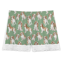 Load image into Gallery viewer, King Charles Spaniel Shorts for Women - Lace Trim Design - Watercolor Delight Blenheim King Charles Spaniels-Pajamas-Apparel,Cavalier King Charles Spaniel,Dog Mom Gifts,Pajamas-11