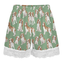 Load image into Gallery viewer, King Charles Spaniel Shorts for Women - Lace Trim Design - Watercolor Delight Blenheim King Charles Spaniels-Pajamas-Apparel,Cavalier King Charles Spaniel,Dog Mom Gifts,Pajamas-12