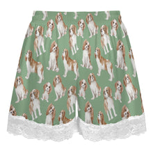 Load image into Gallery viewer, King Charles Spaniel Shorts for Women - Lace Trim Design - Watercolor Delight Blenheim King Charles Spaniels-Pajamas-Apparel,Cavalier King Charles Spaniel,Dog Mom Gifts,Pajamas-13