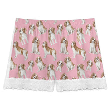 Load image into Gallery viewer, King Charles Spaniel Shorts for Women - Lace Trim Design - Watercolor Delight Blenheim King Charles Spaniels-Pajamas-Apparel,Cavalier King Charles Spaniel,Dog Mom Gifts,Pajamas-16