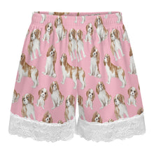 Load image into Gallery viewer, King Charles Spaniel Shorts for Women - Lace Trim Design - Watercolor Delight Blenheim King Charles Spaniels-Pajamas-Apparel,Cavalier King Charles Spaniel,Dog Mom Gifts,Pajamas-17
