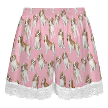 Load image into Gallery viewer, King Charles Spaniel Shorts for Women - Lace Trim Design - Watercolor Delight Blenheim King Charles Spaniels-Pajamas-Apparel,Cavalier King Charles Spaniel,Dog Mom Gifts,Pajamas-18