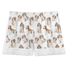 Load image into Gallery viewer, King Charles Spaniel Shorts for Women - Lace Trim Design - Watercolor Delight Blenheim King Charles Spaniels-Pajamas-Apparel,Cavalier King Charles Spaniel,Dog Mom Gifts,Pajamas-20