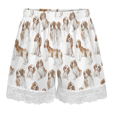 Load image into Gallery viewer, King Charles Spaniel Shorts for Women - Lace Trim Design - Watercolor Delight Blenheim King Charles Spaniels-Pajamas-Apparel,Cavalier King Charles Spaniel,Dog Mom Gifts,Pajamas-21