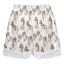 Load image into Gallery viewer, King Charles Spaniel Shorts for Women - Lace Trim Design - Watercolor Delight Blenheim King Charles Spaniels-Pajamas-Apparel,Cavalier King Charles Spaniel,Dog Mom Gifts,Pajamas-22