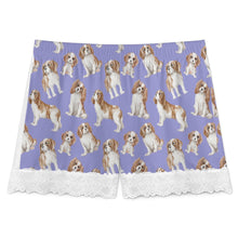Load image into Gallery viewer, King Charles Spaniel Shorts for Women - Lace Trim Design - Watercolor Delight Blenheim King Charles Spaniels-Pajamas-Apparel,Cavalier King Charles Spaniel,Dog Mom Gifts,Pajamas-4