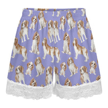 Load image into Gallery viewer, King Charles Spaniel Shorts for Women - Lace Trim Design - Watercolor Delight Blenheim King Charles Spaniels-Pajamas-Apparel,Cavalier King Charles Spaniel,Dog Mom Gifts,Pajamas-5