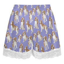 Load image into Gallery viewer, King Charles Spaniel Shorts for Women - Lace Trim Design - Watercolor Delight Blenheim King Charles Spaniels-Pajamas-Apparel,Cavalier King Charles Spaniel,Dog Mom Gifts,Pajamas-6