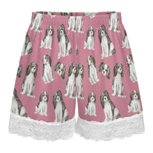 Load image into Gallery viewer, King Charles Spaniel Shorts for Women - Lace Trim Design - Watercolor Symphony Tricolor King Charles Spaniels-Pajamas-Apparel,Cavalier King Charles Spaniel,Dog Mom Gifts,Pajamas-12