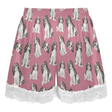 Load image into Gallery viewer, King Charles Spaniel Shorts for Women - Lace Trim Design - Watercolor Symphony Tricolor King Charles Spaniels-Pajamas-Apparel,Cavalier King Charles Spaniel,Dog Mom Gifts,Pajamas-13