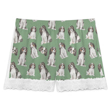 Load image into Gallery viewer, King Charles Spaniel Shorts for Women - Lace Trim Design - Watercolor Symphony Tricolor King Charles Spaniels-Pajamas-Apparel,Cavalier King Charles Spaniel,Dog Mom Gifts,Pajamas-16