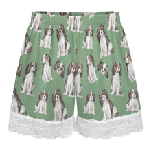 Load image into Gallery viewer, King Charles Spaniel Shorts for Women - Lace Trim Design - Watercolor Symphony Tricolor King Charles Spaniels-Pajamas-Apparel,Cavalier King Charles Spaniel,Dog Mom Gifts,Pajamas-17