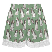 Load image into Gallery viewer, King Charles Spaniel Shorts for Women - Lace Trim Design - Watercolor Symphony Tricolor King Charles Spaniels-Pajamas-Apparel,Cavalier King Charles Spaniel,Dog Mom Gifts,Pajamas-18