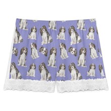 Load image into Gallery viewer, King Charles Spaniel Shorts for Women - Lace Trim Design - Watercolor Symphony Tricolor King Charles Spaniels-Pajamas-Apparel,Cavalier King Charles Spaniel,Dog Mom Gifts,Pajamas-20