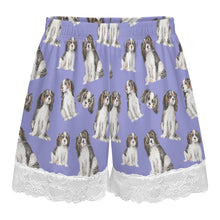 Load image into Gallery viewer, King Charles Spaniel Shorts for Women - Lace Trim Design - Watercolor Symphony Tricolor King Charles Spaniels-Pajamas-Apparel,Cavalier King Charles Spaniel,Dog Mom Gifts,Pajamas-21