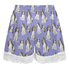 Load image into Gallery viewer, King Charles Spaniel Shorts for Women - Lace Trim Design - Watercolor Symphony Tricolor King Charles Spaniels-Pajamas-Apparel,Cavalier King Charles Spaniel,Dog Mom Gifts,Pajamas-22
