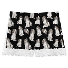 Load image into Gallery viewer, King Charles Spaniel Shorts for Women - Lace Trim Design - Watercolor Symphony Tricolor King Charles Spaniels-Pajamas-Apparel,Cavalier King Charles Spaniel,Dog Mom Gifts,Pajamas-4