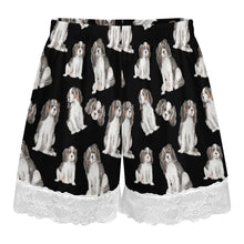 Load image into Gallery viewer, King Charles Spaniel Shorts for Women - Lace Trim Design - Watercolor Symphony Tricolor King Charles Spaniels-Pajamas-Apparel,Cavalier King Charles Spaniel,Dog Mom Gifts,Pajamas-5