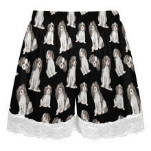 Load image into Gallery viewer, King Charles Spaniel Shorts for Women - Lace Trim Design - Watercolor Symphony Tricolor King Charles Spaniels-Pajamas-Apparel,Cavalier King Charles Spaniel,Dog Mom Gifts,Pajamas-6