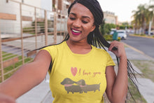 Load image into Gallery viewer, Kissing Dachshunds Love Women&#39;s Cotton T-Shirts - 5 Colors-Apparel-Apparel, Dachshund, Shirt, T Shirt-Yellow-Small-2