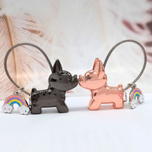 Load image into Gallery viewer, Image of two metallic frenchie keychains in the color boy black and girl rose gold kissing each other