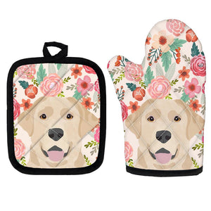 image of labrador oven mitten gloves and pot holder set for baking and cooking with flowers in bloom design