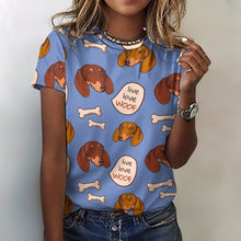 Load image into Gallery viewer, Live Love Woof Dachshunds All Over Print Women&#39;s Cotton T-Shirt-Apparel-Apparel, Dachshund, Shirt, T Shirt-2XS-CornflowerBlue-10