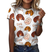 Load image into Gallery viewer, Live Love Woof Dachshunds All Over Print Women&#39;s Cotton T-Shirt-Apparel-Apparel, Dachshund, Shirt, T Shirt-11